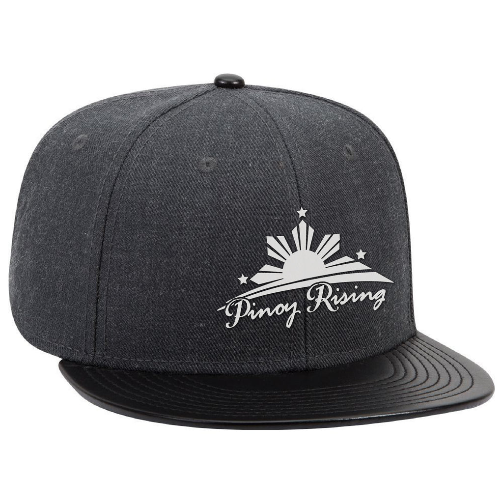 WOOL BLEND TWILL W/ FAUX LEATHER FLAT VISOR SNAPBACK HAT by Pinoy Rising